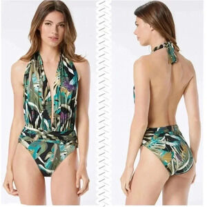 Vince Camuto Halter Plunge One Piece Swimsuit - Rainforest Size 4
